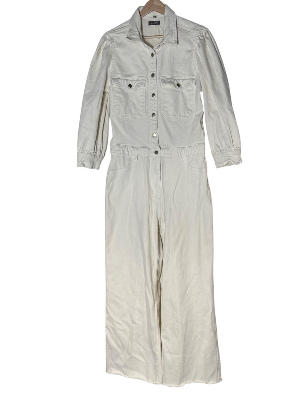 DL 1961 Ivory Puff Sleeve Wide Leg Ivory Denim Jumpsuit Coveralls Size L Minimal